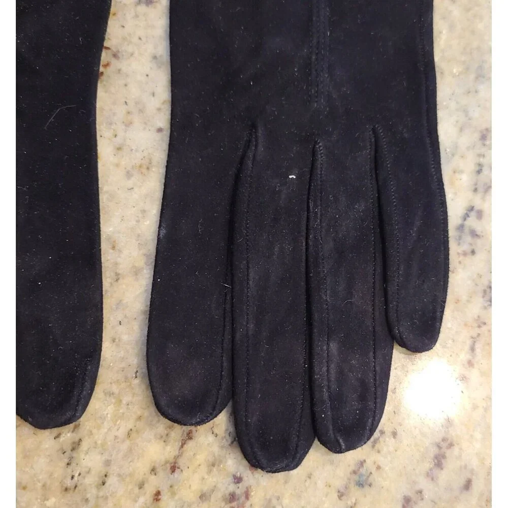 Vtg Women Sz S 6.5 Suede Black Gold Embroidered Geometric Formal Gloves 8.5